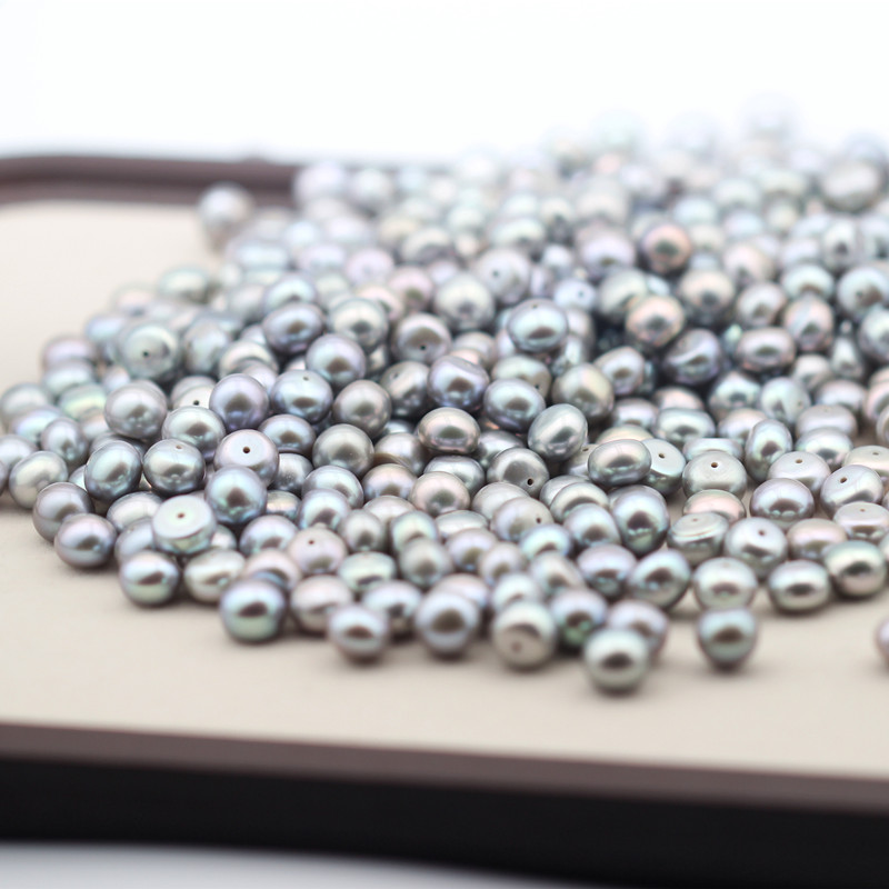 7-8mm Button Round Baroque Grey Freshwater Loose Pearls Beads(XL110059)