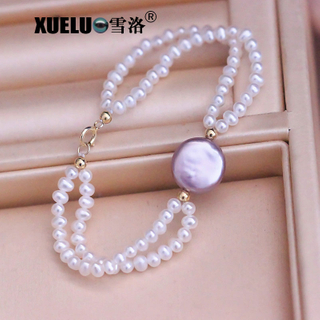 Gorgeous Double Strands Purple Coin Real Cultural Freshwater Pearl Bracelet(XL150130-D)