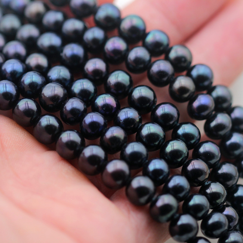  8-9mm Black Natural Round Cultured Freshwater Pearl Strings (XL180118) 