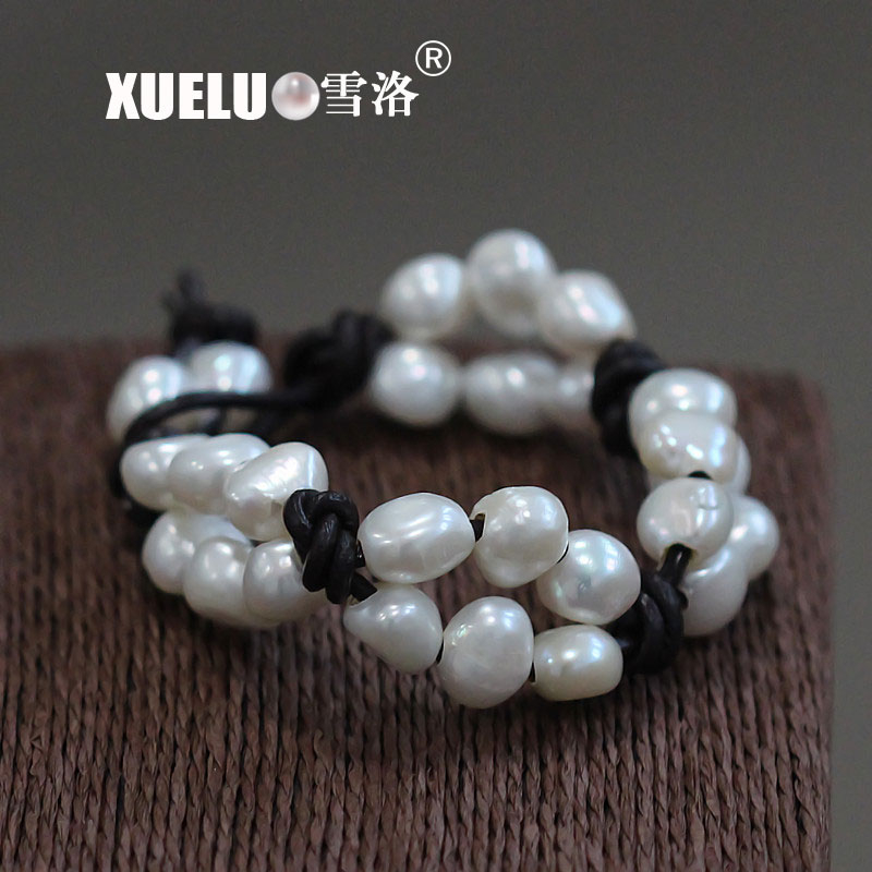 Leather White Baroque Chinese Cultured Freshwater Pearl Bracelet (XL150048)
