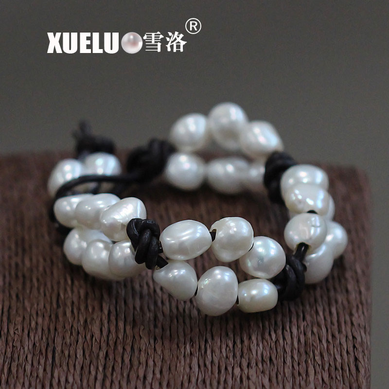 Leather White Baroque Chinese Cultured Freshwater Pearl Bracelet (XL150048)