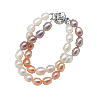 Double Strands Oval Natural Real Cultured Freshwater Pearl Bracelet(XL150141)