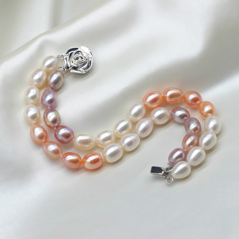Double Strands Oval Natural Real Cultured Freshwater Pearl Bracelet(XL150141)