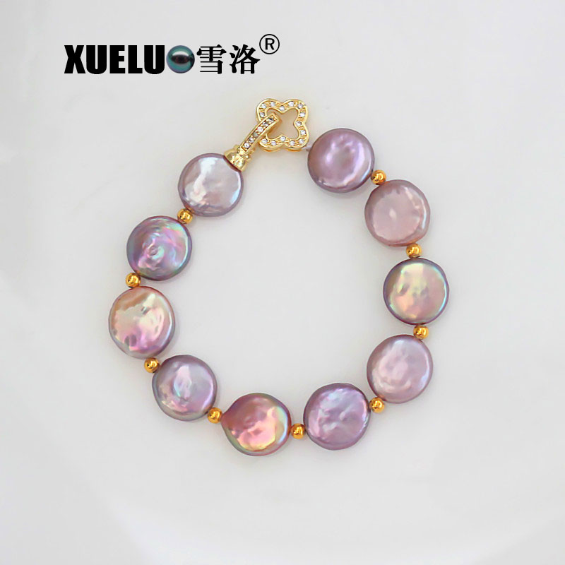 Fashion Stretch Baroque Coin Shape Chinese Cultured Freshwater Pearl Bracelet (XL150113)