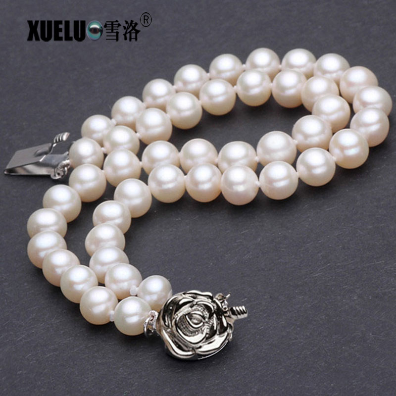 Double Strands Round Natural Real Cultured Freshwater Pearl Bracelet(XL150015)