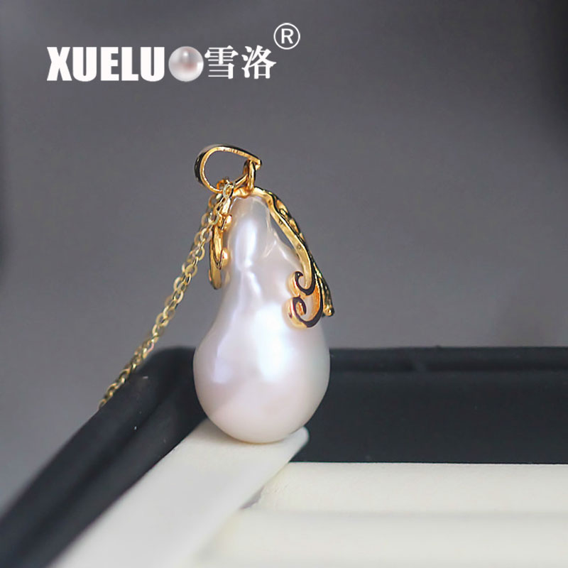 15-17mm Big Fashion Baroque 925 Sterling Gold Freshwater Pearl Pendant Necklace（XL120043-G)