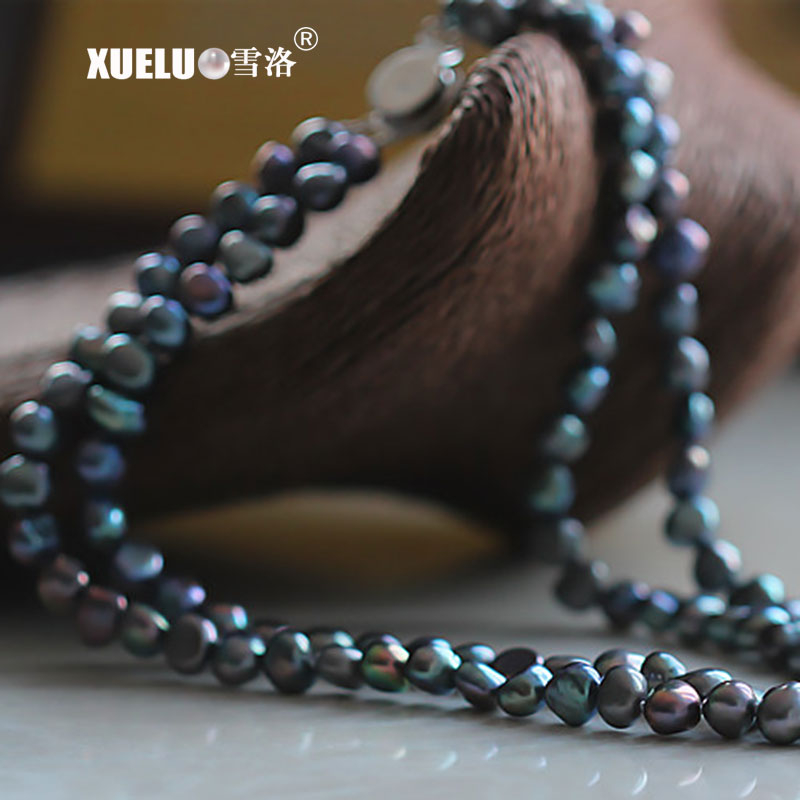 7-8mm AAA Quality Black Long Baroque Black Freshwater Pearl Necklace(XL120096)