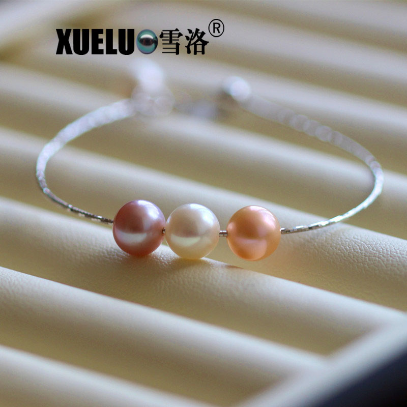 8-9mm 925 Sterling Silver Fashion Round Chinese Cultured Freshwater Pearl Bracelet (XL150105)