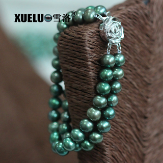 Double Strands Green Round Chinese Cultured Freshwater Pearl Bracelet (XL150053)