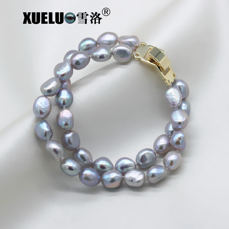 Double Strands Light Grey Baroque Genuine Cultured Freshwater Pearl Bracelet(XL150132)