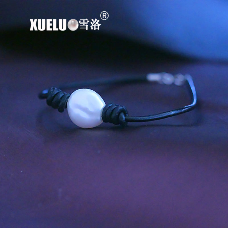 Real Leather Natural Cultured Freshwater Coin Pearl Bracelet for Wholesale (XL150120)