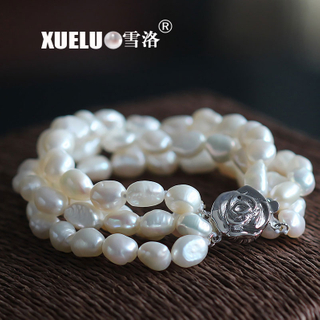 Natural Real White Baroque Three Strands Chinese Cultured Freshwater Pearl Bracelet (XL150051)