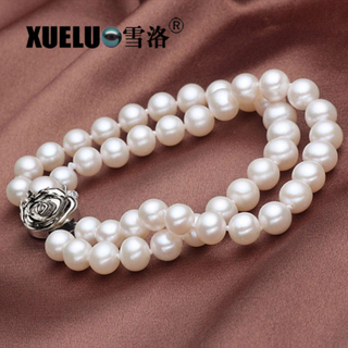 Double Strands Round Natural Real Cultured Freshwater Pearl Bracelet(XL150015)
