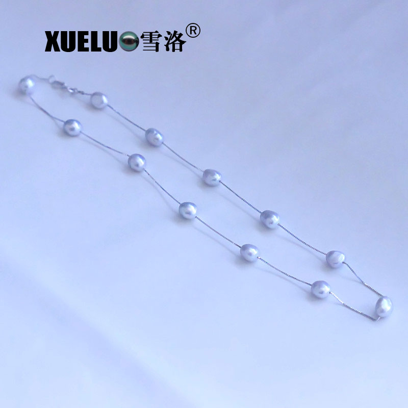 Silver Jewelry Sweet Grey Baroque Natural Cultured Fresh Water Pearl Necklace (XL120060)