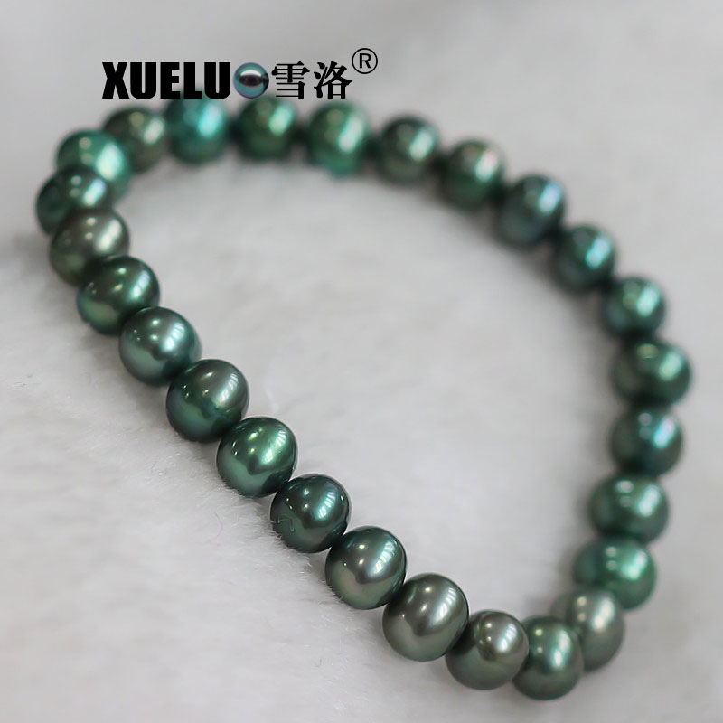 7-8mm Stretch Round Green Chinese Cultured Freshwater Pearl Bracelet (XL150052)