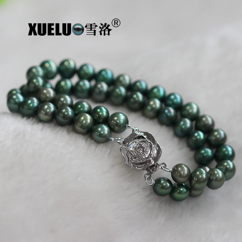Double Strands Green Round Chinese Cultured Freshwater Pearl Bracelet (XL150053)
