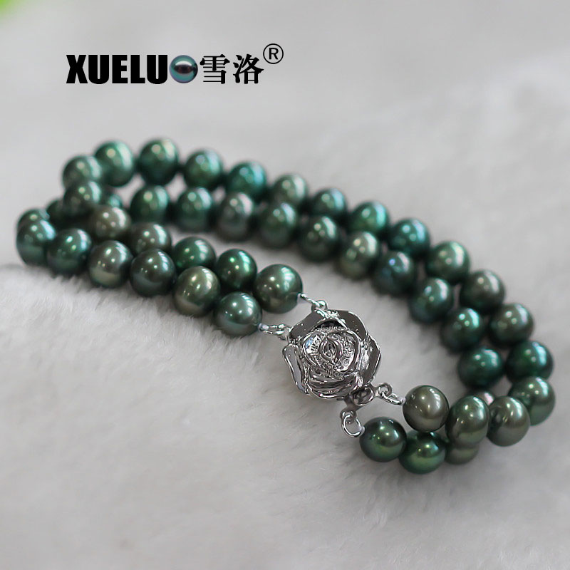 Double Strands Green Round Chinese Cultured Freshwater Pearl Bracelet (XL150053)