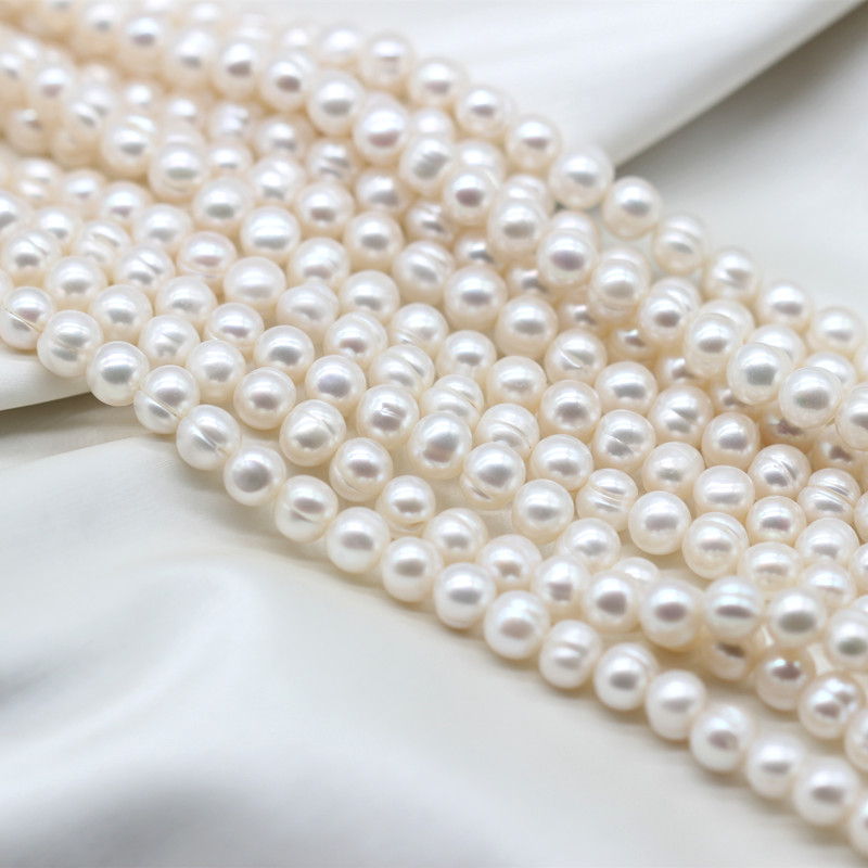 7-8mm Cheap Round Ringed Cultured Natural Freshwater Pearl Strings (XL180020)