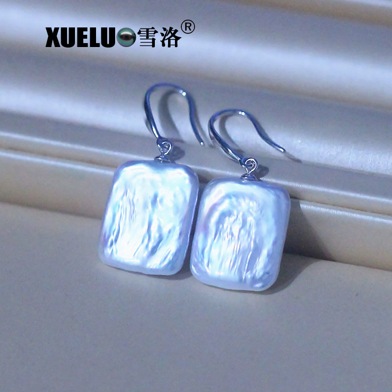 Sterling Silver Square Baroque Genuine Natural Cultured Freshwater Pearl Drop Earrings（XL140154）