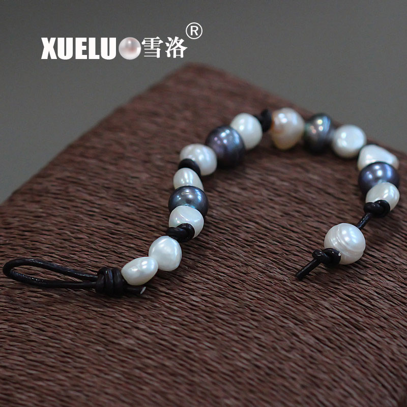 Leather Real Baroque Chinese Cultured Freshwater Pearl Bracelet (XL150049)