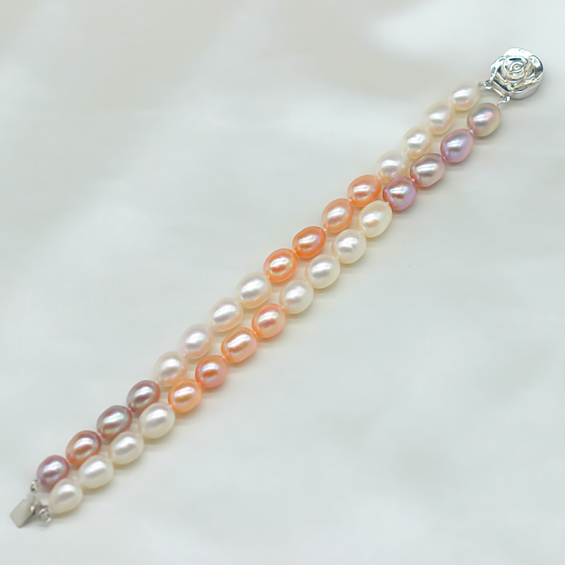 Double Strands Oval Natural Real Cultured Freshwater Pearl Bracelet(XL150141)