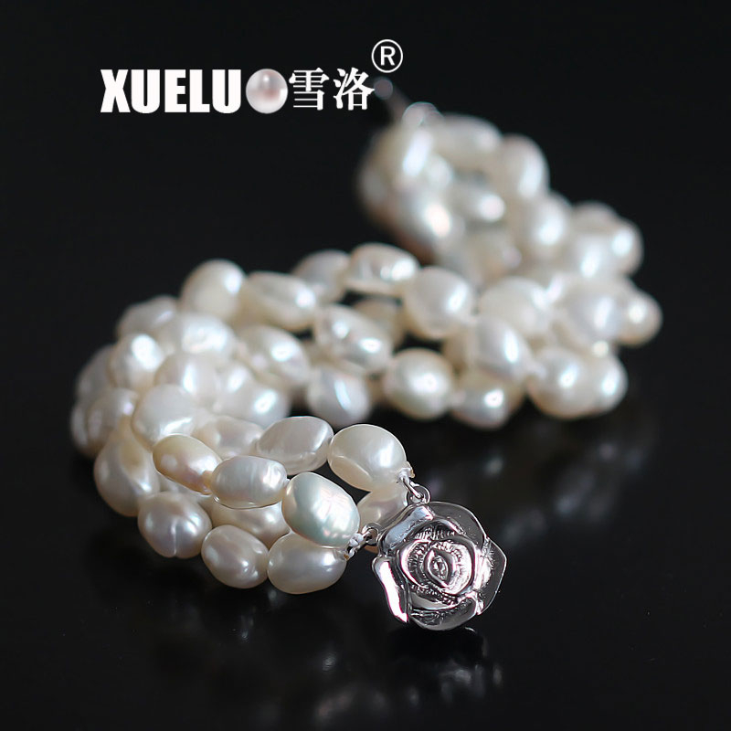 Natural Real White Baroque Three Strands Chinese Cultured Freshwater Pearl Bracelet (XL150051)