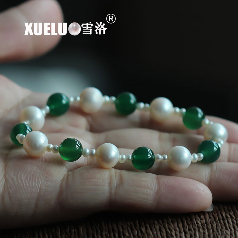 Stretch Round Natural Chinese Cultured Freshwater Pearl with Green Agate Bracelet (XL150058)