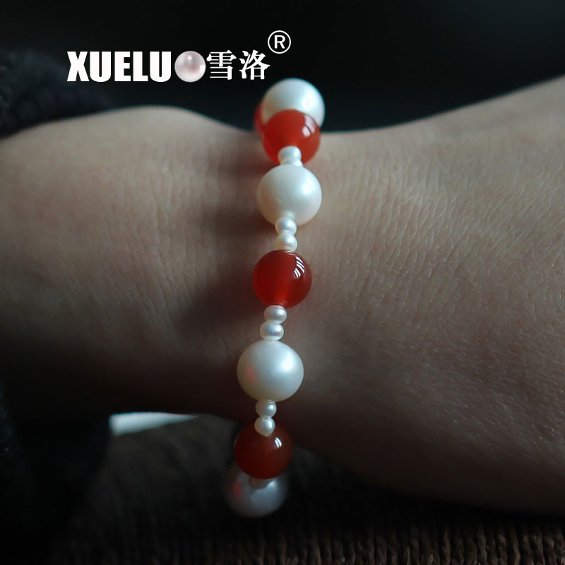 Stretch Round Natural Chinese Cultured Freshwater Pearl with Red Agate Bracelet (XL150057)