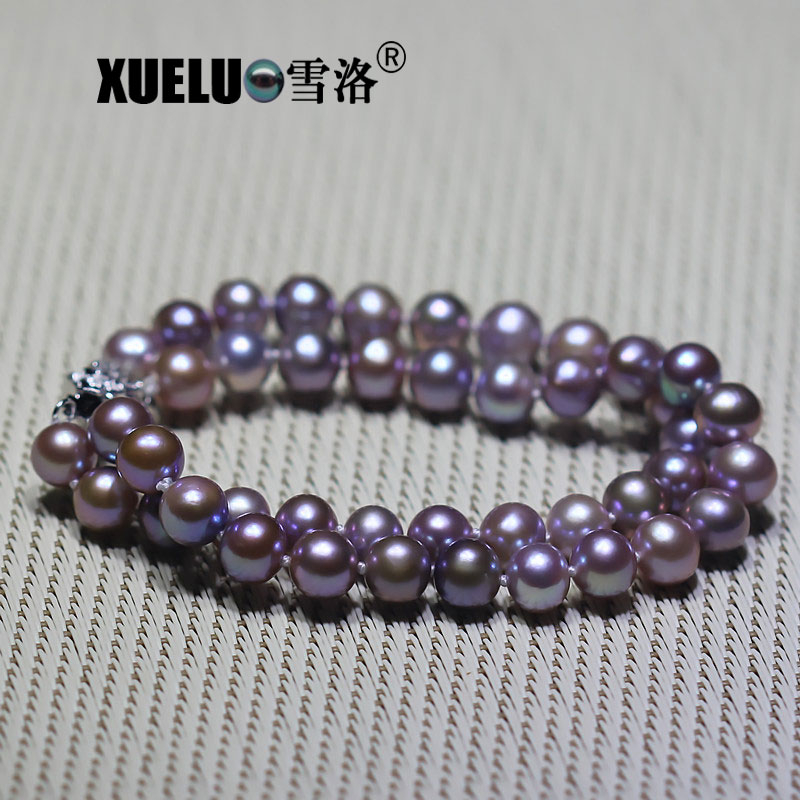 Double Strands Lavender Round Chinese Cultured Freshwater Pearl Bracelet (XL150073)