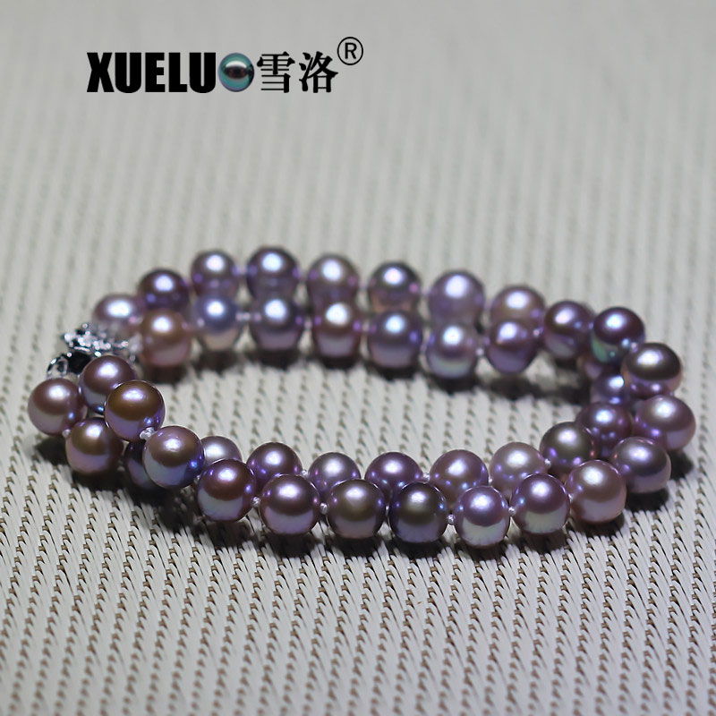 Double Strands Lavender Round Chinese Cultured Freshwater Pearl Bracelet (XL150073)
