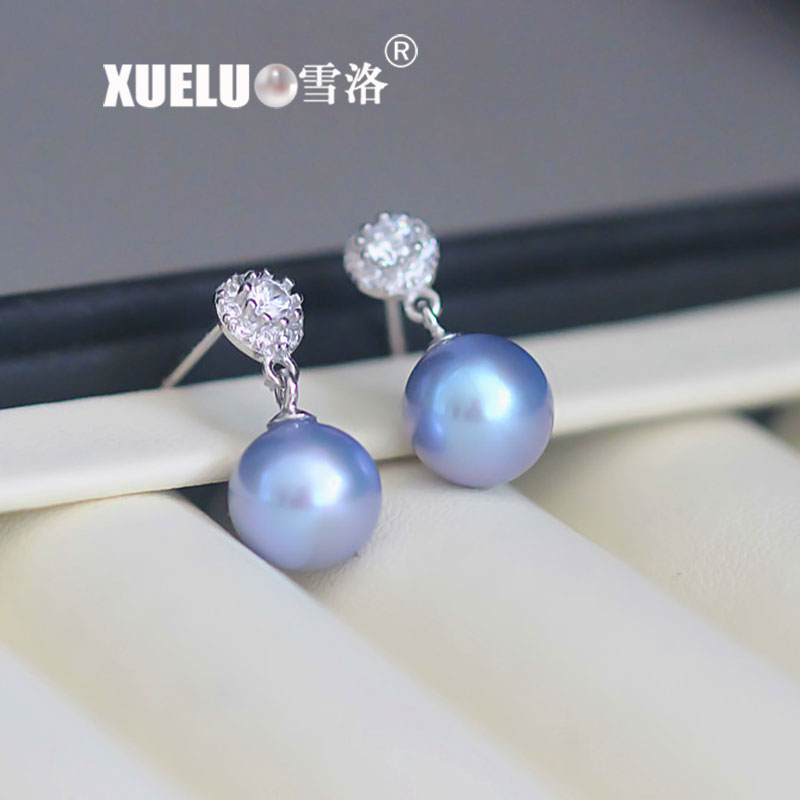 8.5-9mm AAA Quality Air Blue Perfect Round Shape 925 Sterling Silver Freshwater Pearl Earrings (XL140112)