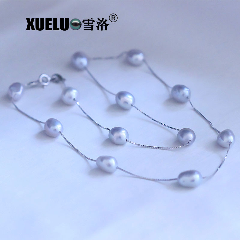 Silver Jewelry Sweet Grey Baroque Natural Cultured Fresh Water Pearl Necklace (XL120060)