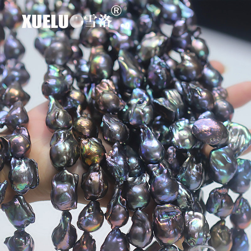 AAA Quality Black Natural Genuine Cultured Freshwater Nucleated Baroque Pearl Strings (XL190003)