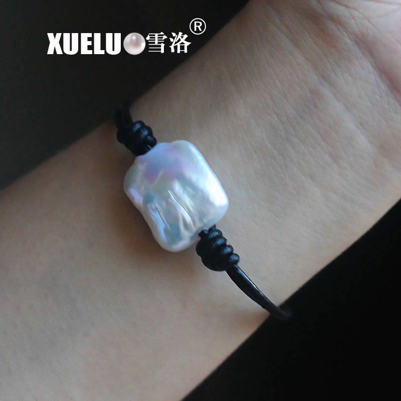 Real Leather Large Square Natural Cultured Freshwater Baroque Pearl Bracelet(XL150010)