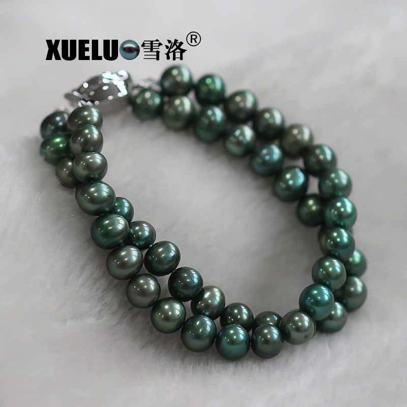 Double Strands Green Round Chinese Cultured Freshwater Pearl Bracelet (XL150053)