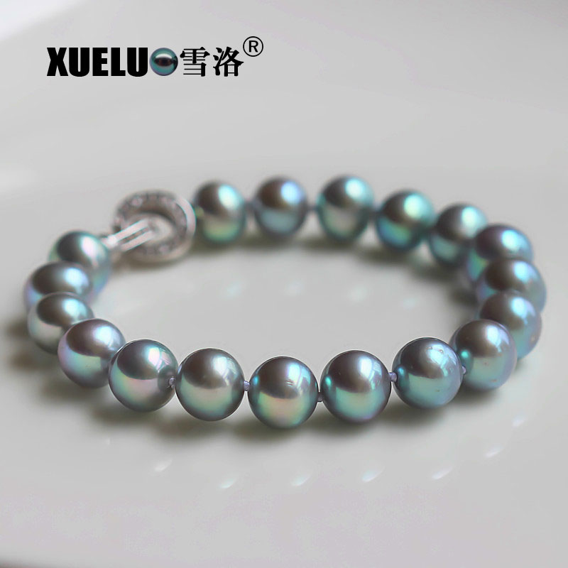 Fashion Natural Real Black Round Chinese Cultured Freshwater Pearl Bracelet (XL150107)