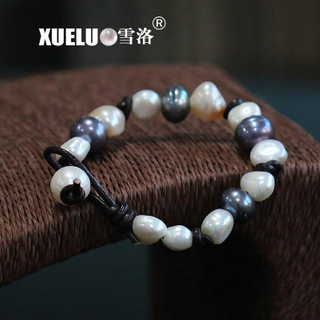 Leather Real Baroque Chinese Cultured Freshwater Pearl Bracelet (XL150049)