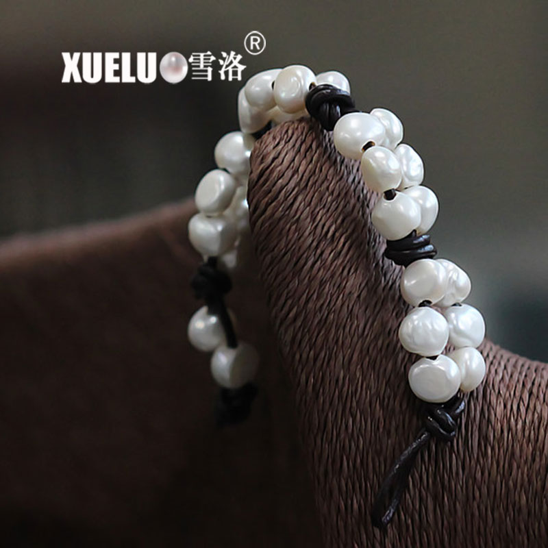 Leather White Baroque Chinese Cultured Freshwater Pearl Bracelet (XL150048)
