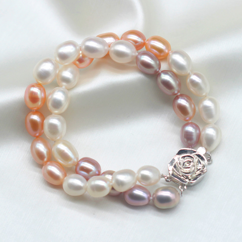 Double Strands Oval Natural Real Cultured Freshwater Pearl Bracelet(XL150141)