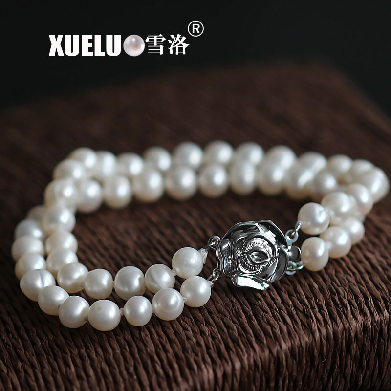 Natural Real White Double Strands Chinese Cultured Freshwater Pearl Bracelet (XL150050)