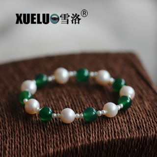 Stretch Round Natural Chinese Cultured Freshwater Pearl with Green Agate Bracelet (XL150058)