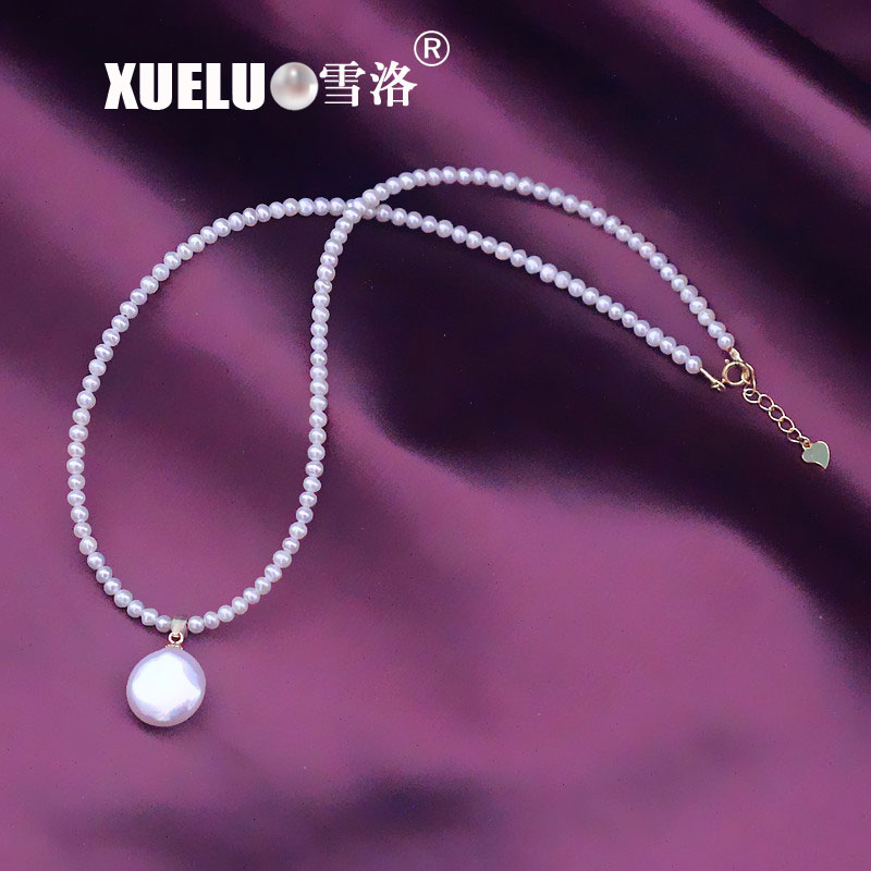 Fashion Small Round Genuine Cultured Freshwater Pearl Necklace with Pendant (XL120059) 
