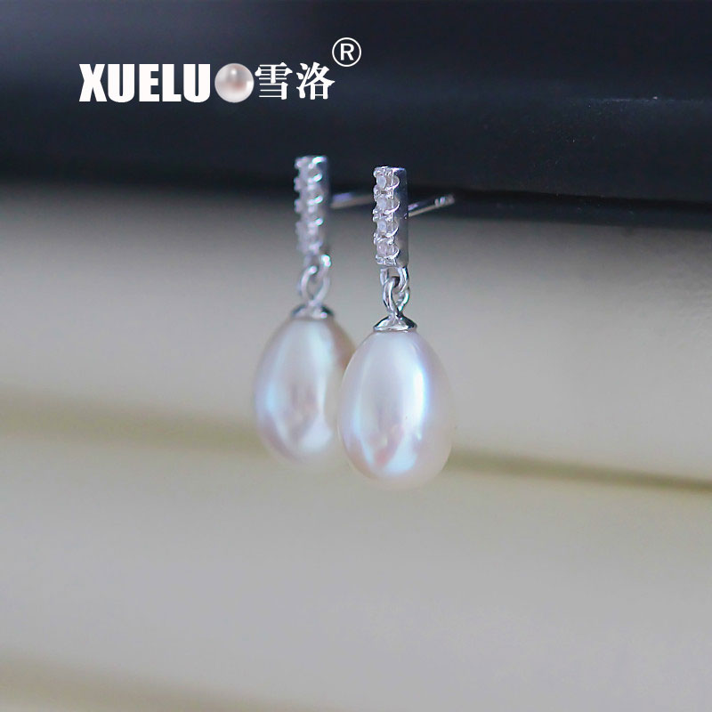 8-9mm AAA Quality White Oval Shape 925 Sterling Silver Freshwater Pearl Earrings (XL140109)