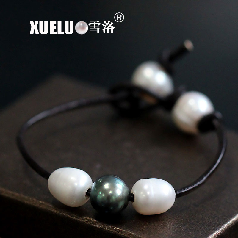Leather Oval Shape Chinese Cultured Freshwater Pearl Bracelet (XL150087)