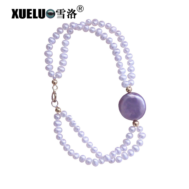 Gorgeous Double Strands Purple Coin Real Cultural Freshwater Pearl Bracelet(XL150130-D)