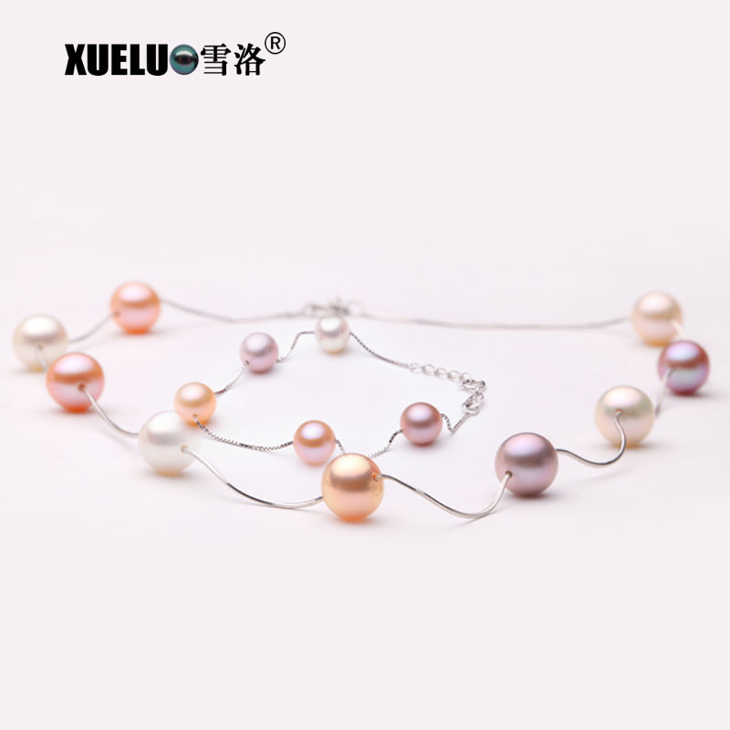 Sterling Silver Jewelry Multi Color Natural Round Freshwater Pearl Necklace (XL120077)