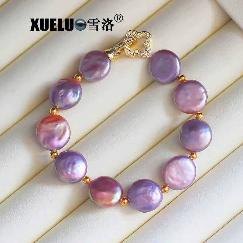 Fashion Stretch Baroque Coin Shape Chinese Cultured Freshwater Pearl Bracelet (XL150113)