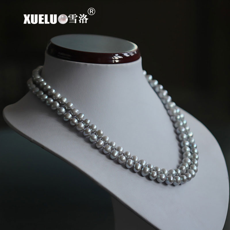  7-8mm Grey AA Quality Double Strands Freshwater Pearl Necklace(XL120090)